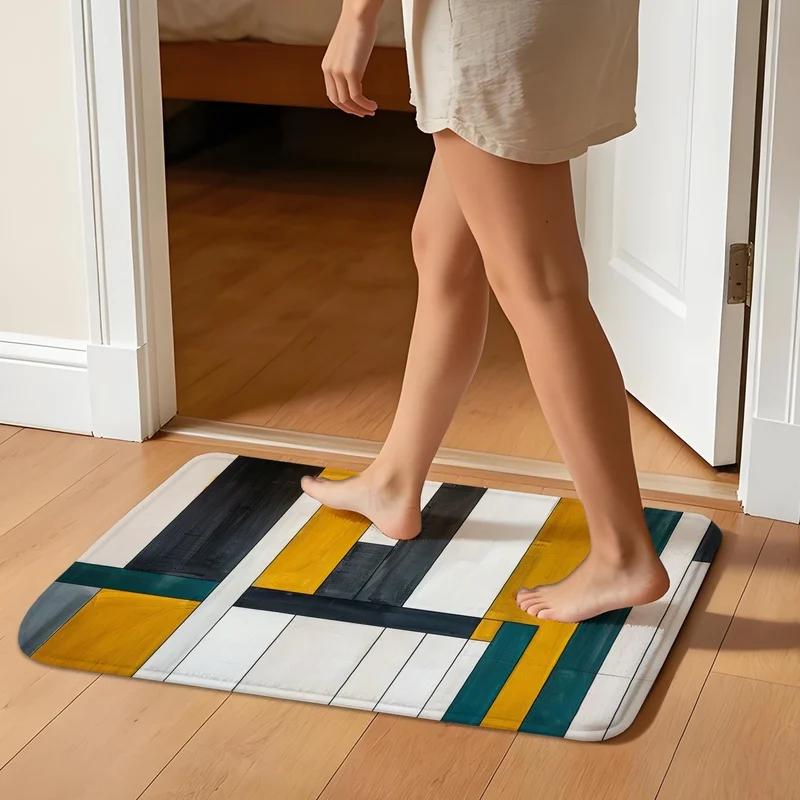 Geometric Color Block Wood Plank Door Mat TPR Non Slip Absorbent Bathroom Rug