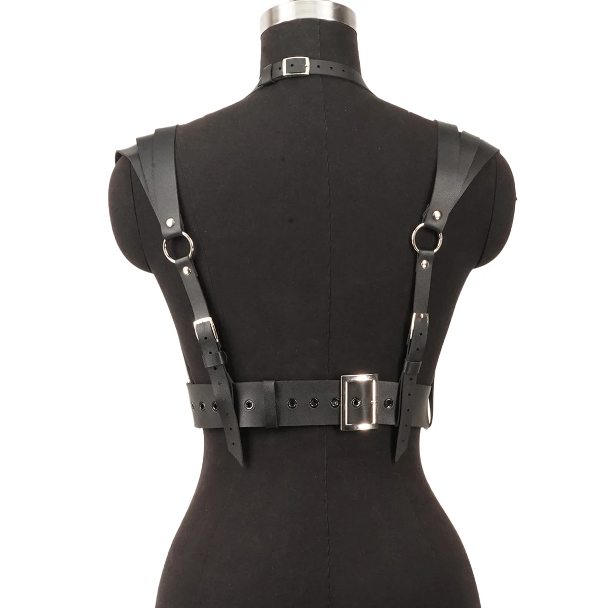 Punk Gothic Black PU Leather Adjustable Waist‑to‑Shoulder Harness Belt for Women, Decor Accessory for Streetwear & Rave Party
