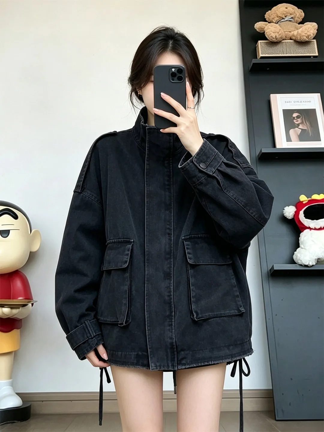 Women American Vintage Black Stand Collar Denim Jacket Spring Autumn New Loose Oversized Washed Distressed Cargo Jacket Top
