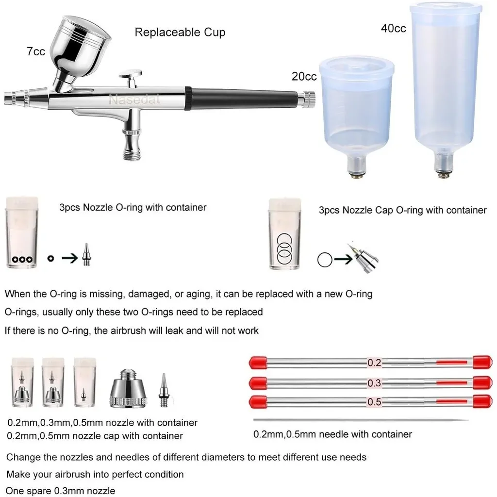 Nasedal Dual-Action Airbrush kit  0.2/0.3/0.5mm Nozzle Needle for GUNDAM Model DIY Paint Cake Tattoo Art Craft Nail Art Tool