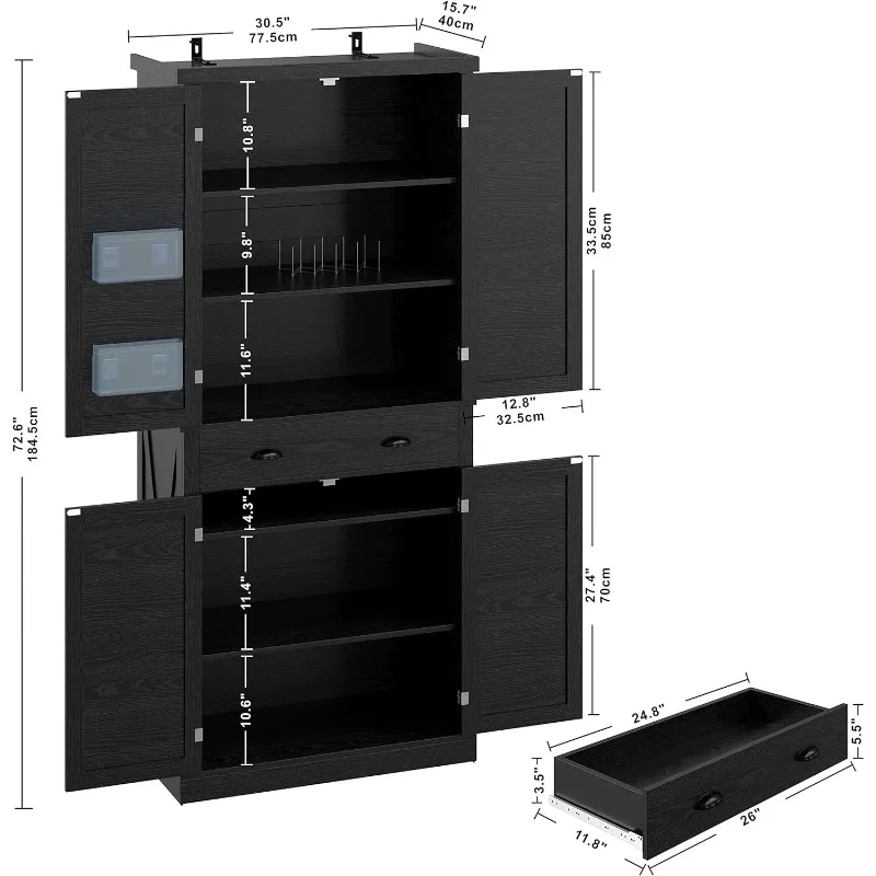 Eisen küche Speisekammer 72 "Höhe, Schrank mit Schublade, 4 verstellbare Regale, Scheunentore, freistehender Schrank, schwarz