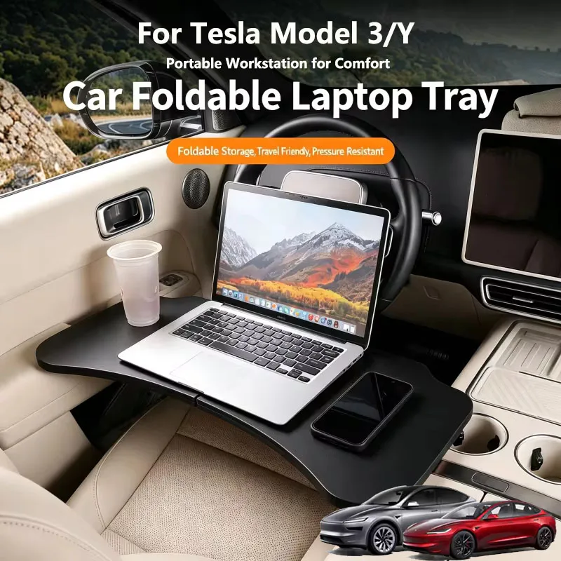 For Tesla Model 3/Y Car Folding Table Steering Wheel Eat Work Cart Drink Coffee Holder Tray Laptop Desk Board Stand Seat Table