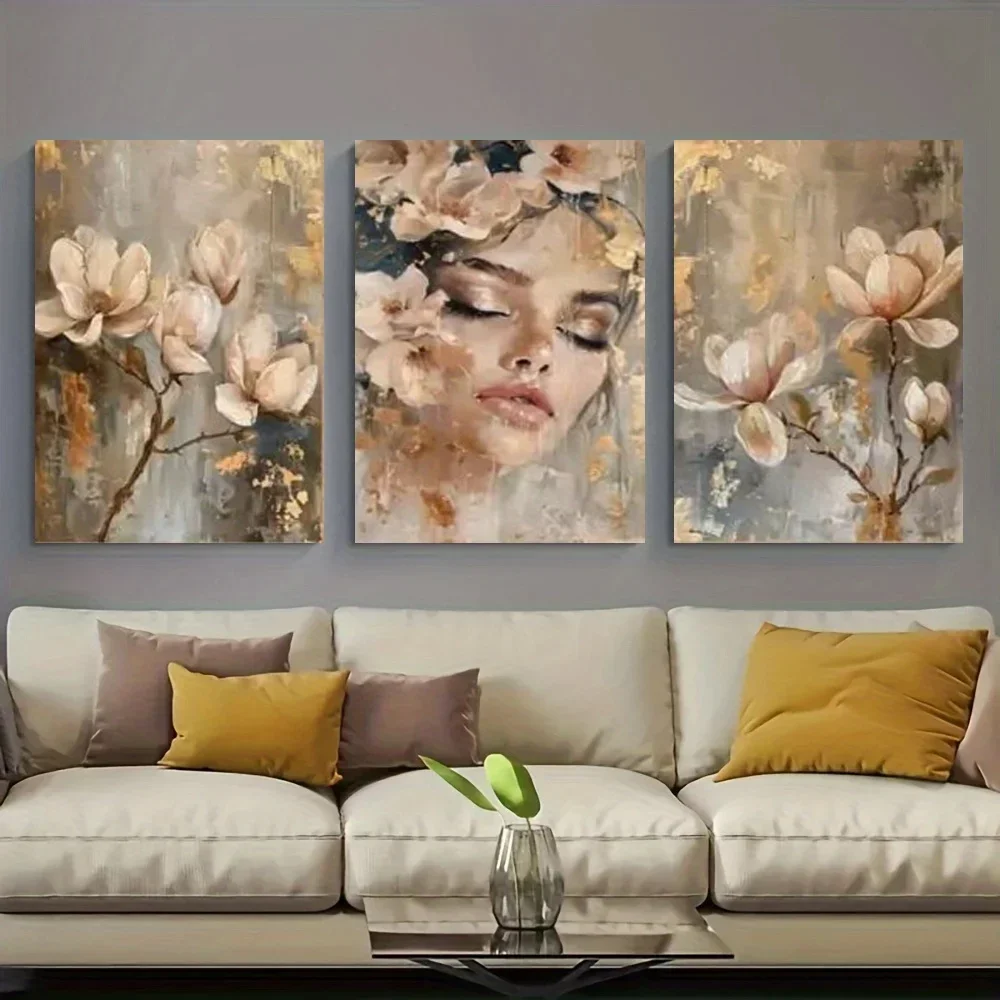2D Flat, 2D Flat, 3pcs Elegant Floral Woman Face & Magnolia Flower Canvas Wall Art Set - Beige, Brown, Golden & White Minimal
