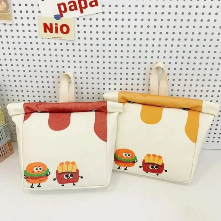 Hamburger Burger Pattern Backpack Canvas Adjustable Strap Double Shoulder Bag Cartoon Large Capacity Kids School Bag