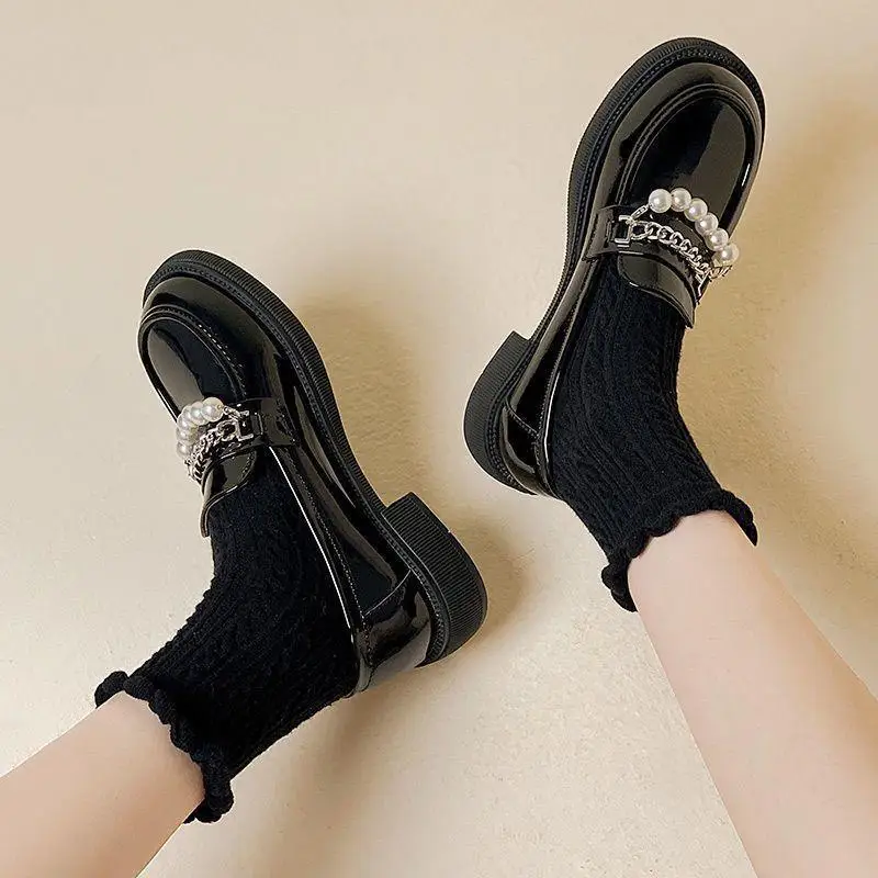 

​2025 Spring Autumn Women's Black Leather Footwear Thick Sole Non Slip Loafers British Style Versatile Fashion Comfort Shoes​