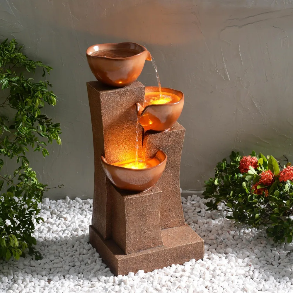 3-Tier Cascading Outdoor Water Fountain with LED Lights, 28.54