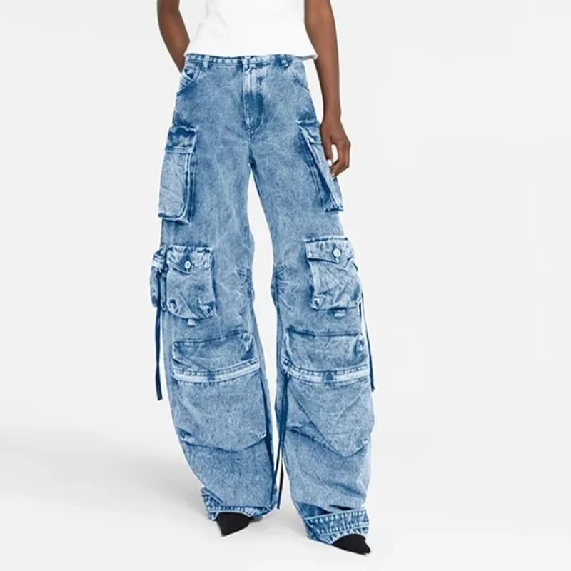 Mom Jeans Women Washing Denim Wide Leg Pants Multi Pocket High Street Mid Waist Zipper Fly Winter Loose Punk Patchwork Club