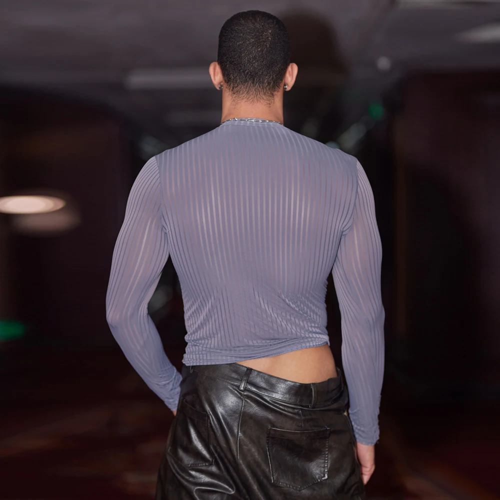 Sex Men Oil Glossy Shiny Breathable T-shrits Stripe Allure Shaper Top Bottom Wear Sheer See Through Elastic Shapewear