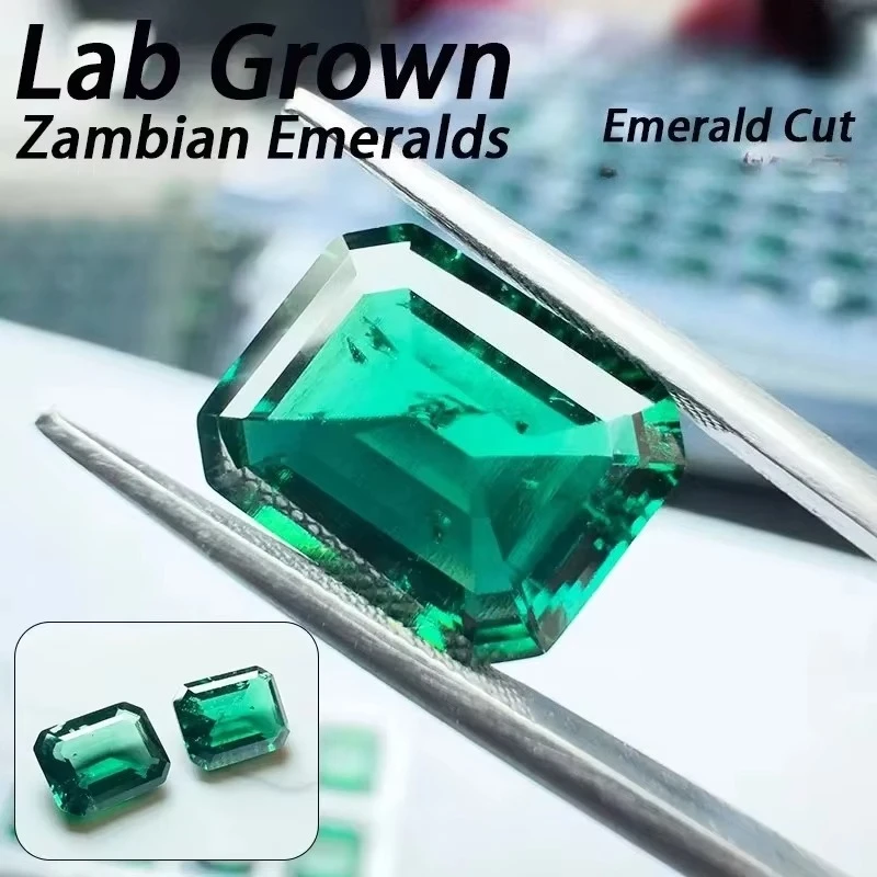 Lab Grown Zambian Emeralds Emerald Cut Hydrothermal Hand Cutting with Cracks Inclusions Inside Selectable Certificate