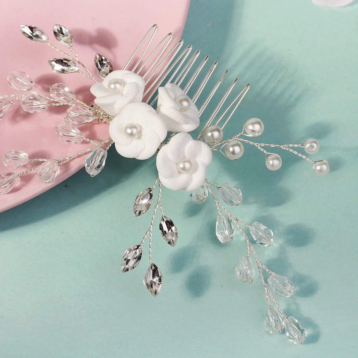Elegante weiße Polymer Clay Blumen Damen Haarkämme Mode Kristall Perle Haarnadeln Braut Hochzeit Kopfschmuck Schmuck – Detail 6