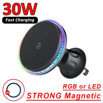 30W Magnetisches Auto Drahtloses Ladegerät RGB Für iPhone 12 13 14 15 Pro Max Macsafe Autotelefonhalter Ständer Halterung Schnellladestation