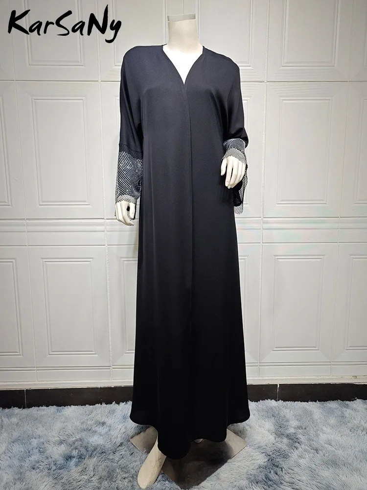 Dubai Luxury Kaftan Abaya With Diamonds Black Full Length Muslim Abaya Elegant Female Loose Solid Color Evening Robe For Women