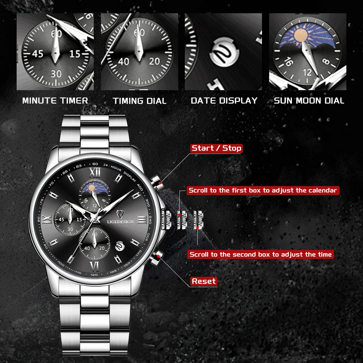 LIGE ساعة رجالية فاخرة موضة الأعمال القمر المرحلة كوارتز ساعات رجالية مقاوم للماء الفولاذ المقاوم للصدأ رجل ساعة كرونوغراف على مدار الساعة