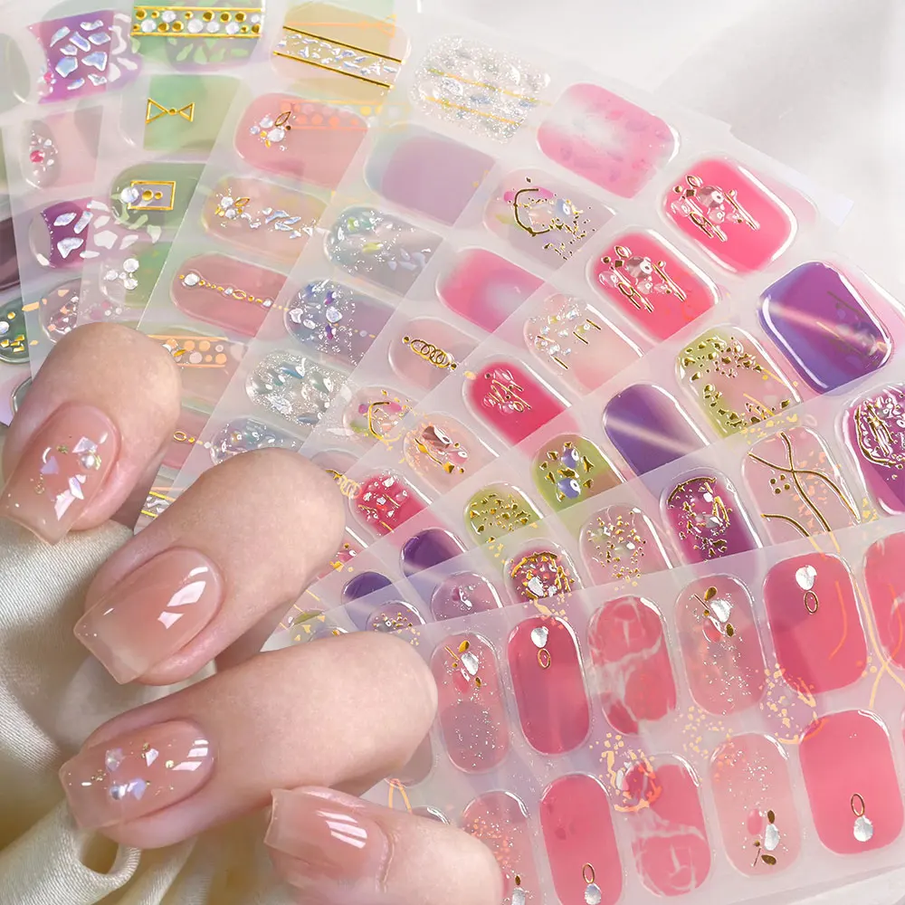 1sheet 14tips Full Cover Summer Shell Nail Art Wraps Stickers 3D Self-Adhesive Bronzing Gold Line French Nail Strips Baking Free