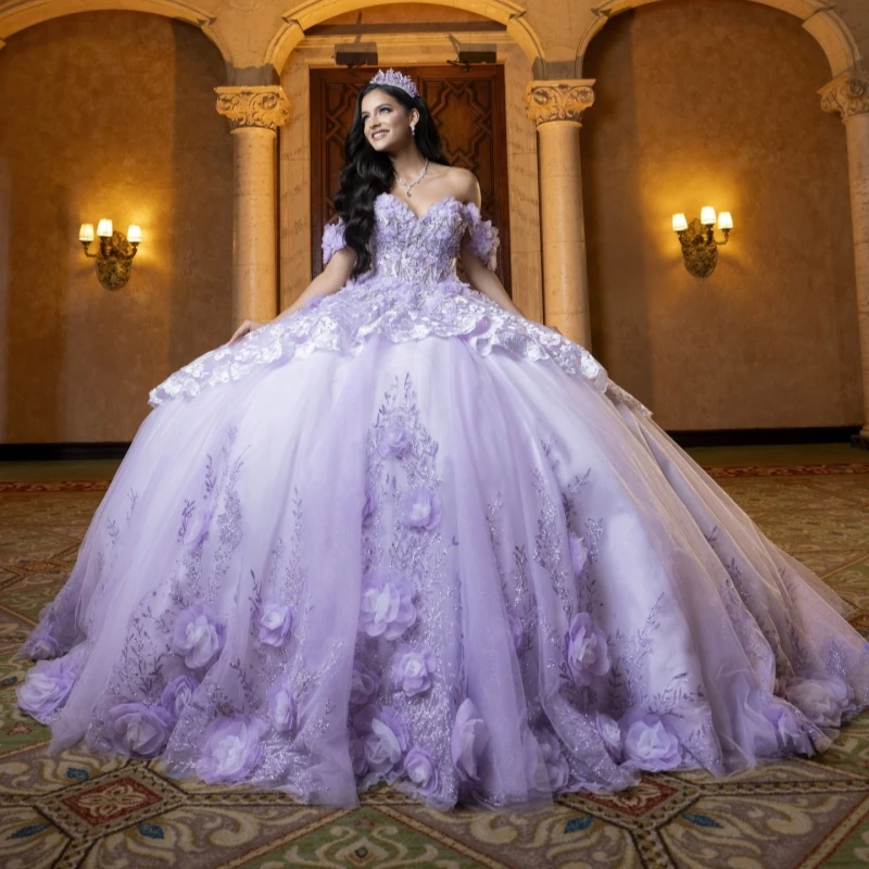 

Lavender Shiny Quinceanera Dresses Ball Gown Off The Shoulder Sequin Applique Flower Beading Crystal Bow Tull Sweet 16 Dress Ves