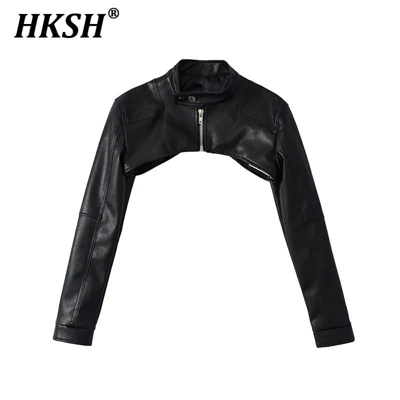 HKSH Wiosna Jesień Nowa Kurtka PU Skórzana Damska Tide Handsome High Street Stójka Kołnierz Zamek Krótki Ciemny Płaszcz Moda Ins H2945