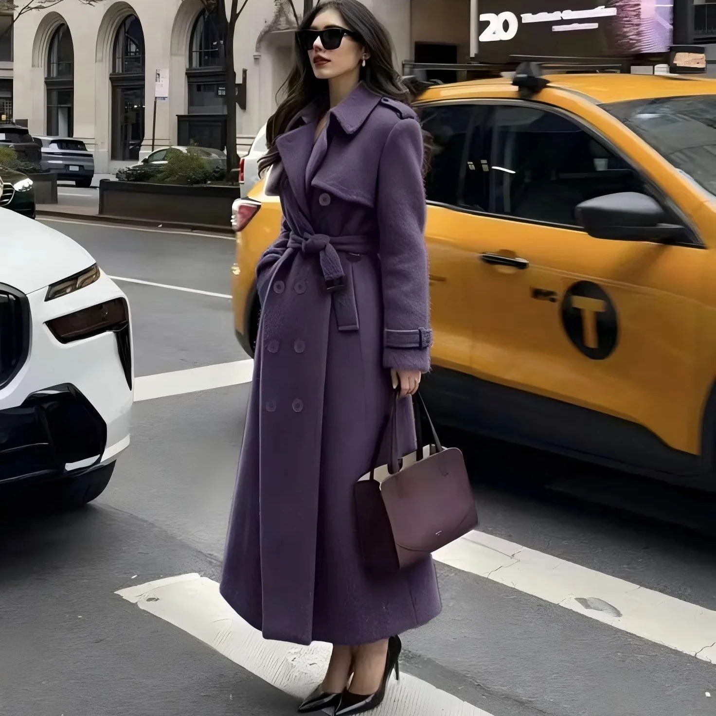 Women Purple Long Belted Woolen Coat, Knee Length Retro Boss Lady Double Breasted Overcoat