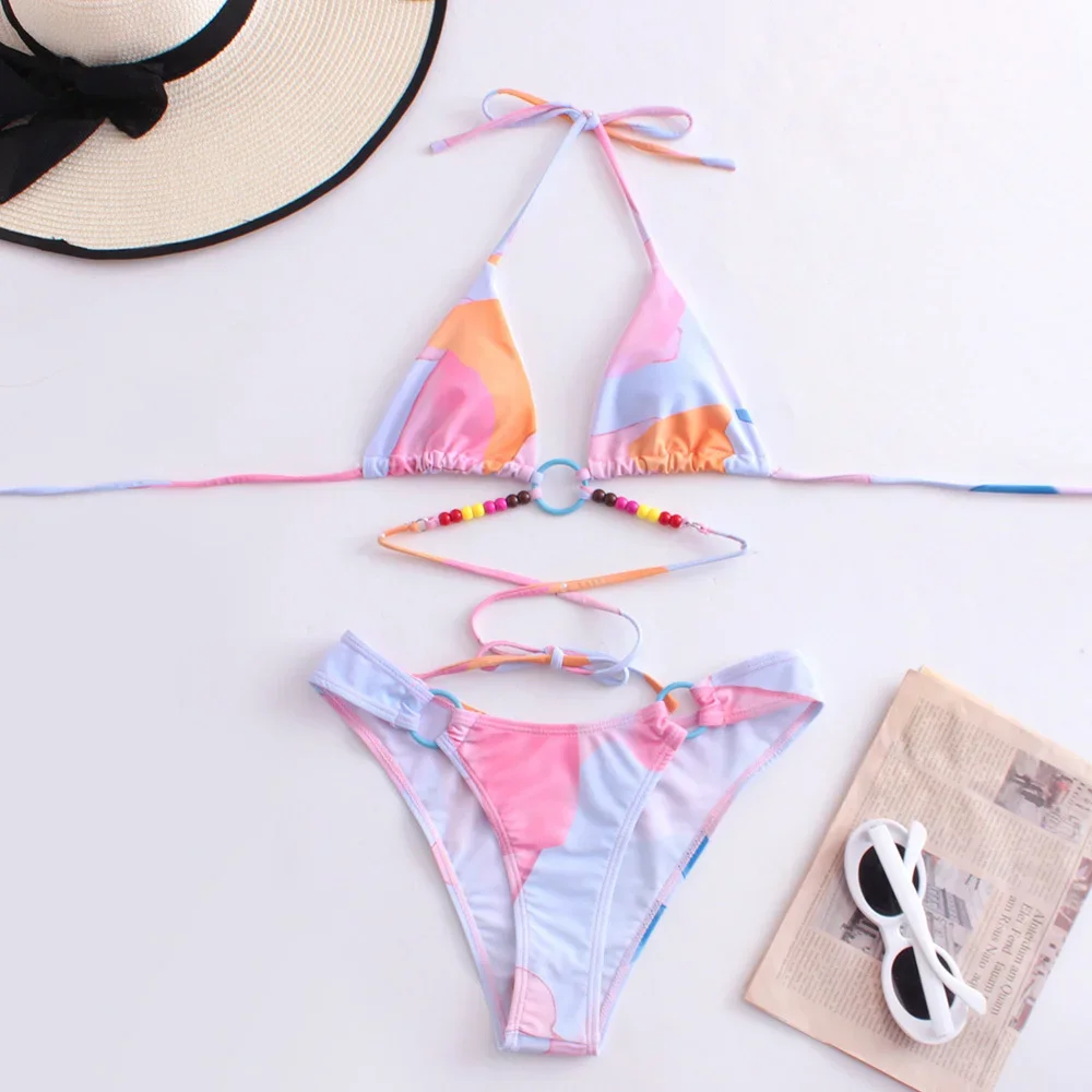 Beaded Rings Bikinis Sets Y2K Print Swimsuit Halter String Backless Micro Bikini Vacation Swimwear Women Beach Bathing Swim Suit