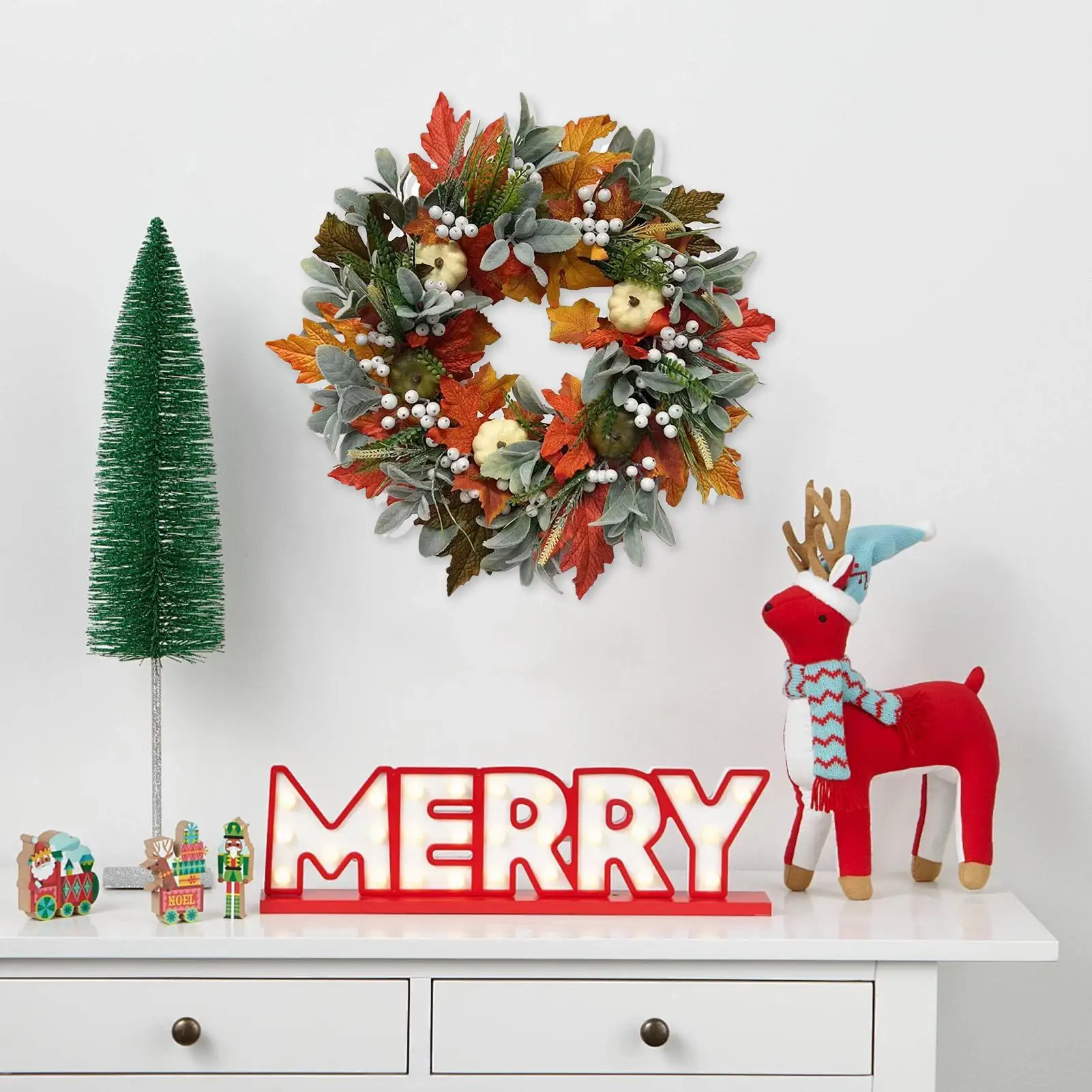 

Fall Door Wreath Autumn Harvest Garland Thanksgiving Maple Leaves Pumpkin Wreath for Indoor Kitchen Fireplace Mantle Table Porch