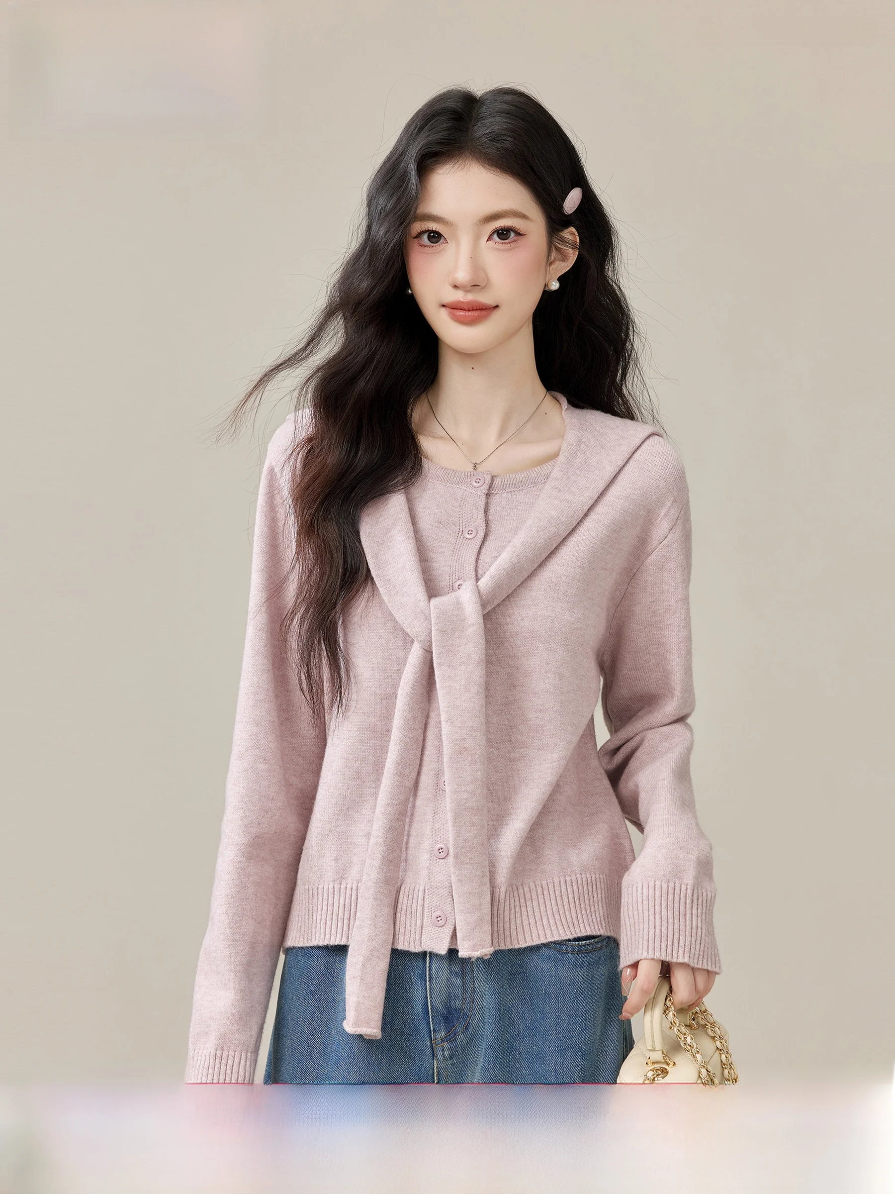 

Lingjiu Tangxia Ming Women's Knitted Sweater Small Size Single Button round Ne Outerwear awl Two-Piece Set Casual Sle