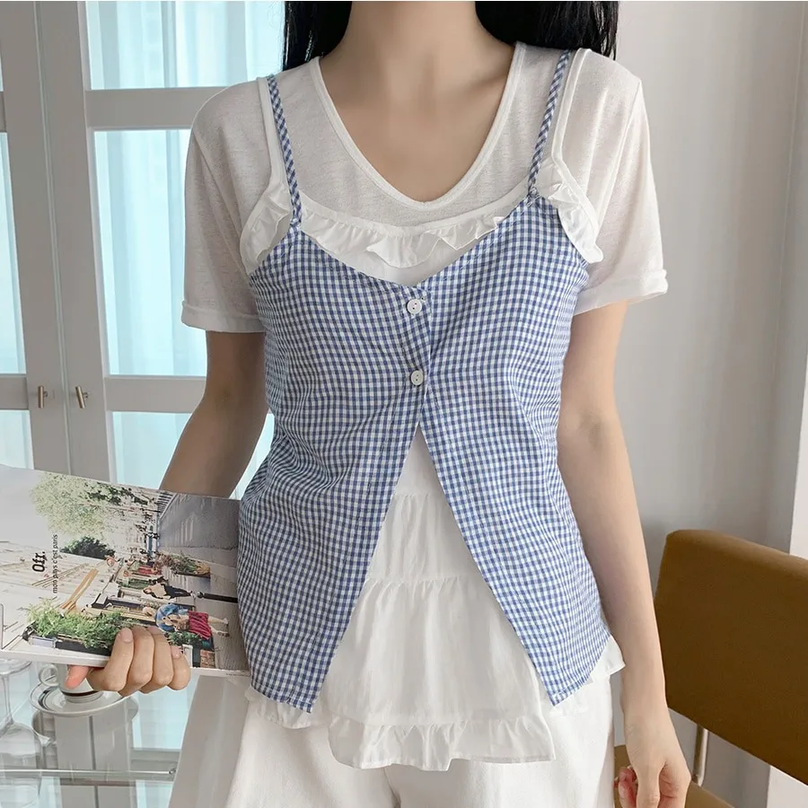 Korean Style Summer New Fashion Casual Plaid Lace Splicing Sexy Strap Vest Women's Clothing U-Neckline Single Button Closure
