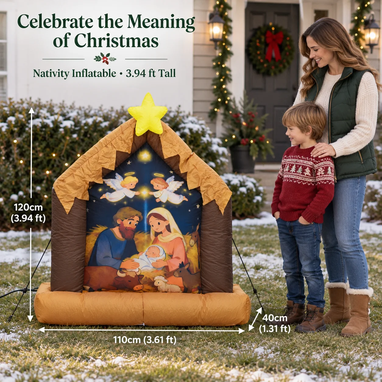 4FT Christmas Inflatable Toy Nativity Scene Polyester Party Banner LED Light up Decorations 2d Flat Cartoon Manger Design with Mary Joseph Youngsters Jesus Angels Cow & Donkey Lovely Home and Garden Display