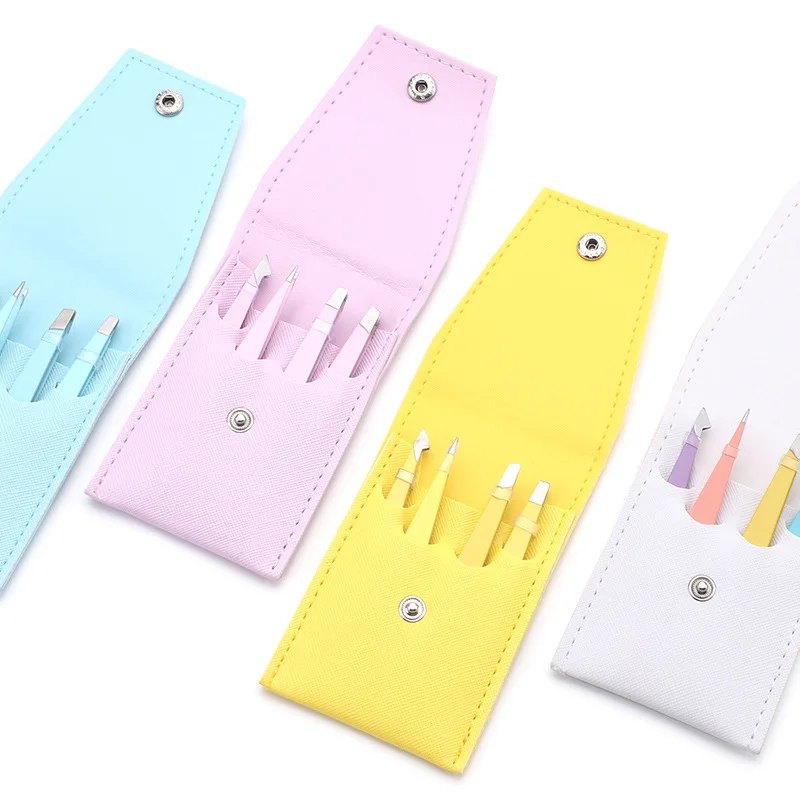 4Pcs High-Quality Eyebrow Tweezer Colorful Hair Beauty Fine Hairs Puller Stainless Steel Slanted Brow Clips Removal Makeup Tools