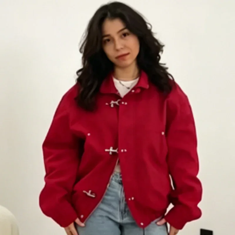 HXAO Unisex Rote Oversize-Jacke Damen-Bomberjacke Mittel-Saison 2026 Crop-Schnallen-Design Lockerer Langarm-Oberteil Modischer Streetwear-Mantel – Detail 7