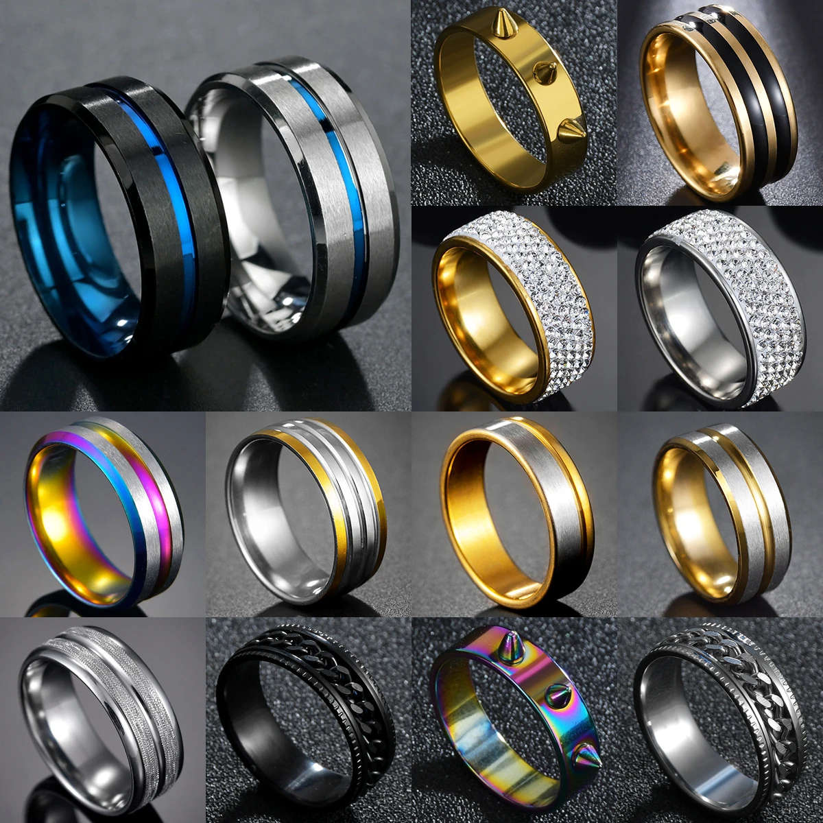 New Hot Sale 6/8MM Groove Rings Black/Blue Stainless Steel Rings For Men Charm Male Jewelry Gift (Drop Shipping Available)