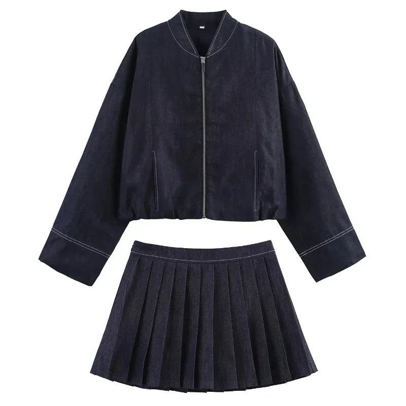 

Women Pleated Skirt Sets for Women Outfit 2025 Fashion Long Sleeve Bomber Denim Jacket 2 Pieces Set