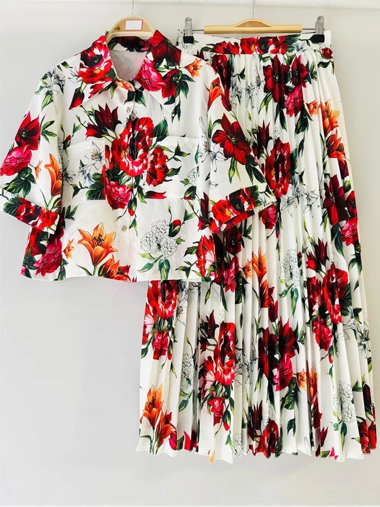 

Retro summer new print dress short sleeve single-breasted short shirt+high waist A-shaped skirt fashion women's two-piece suit
