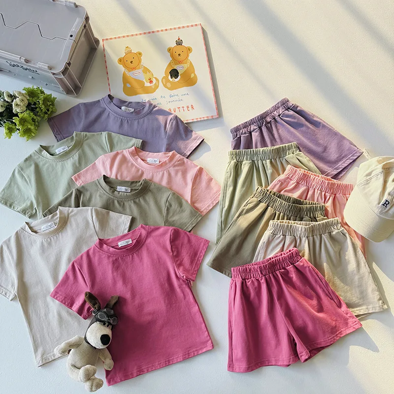 

Korean Candy Colored Children's Clothing Pure Cotton Casual Sports Set Ins Baby Summer Loose Short Sleeved Pants Two-piece Set