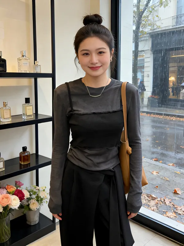 

Женская облегающая футболка больших размеров с круглым вырезом и длинным рукавом, базовый слой, весенняя мода, корейский стиль, вязаная, с комбинированными вставками