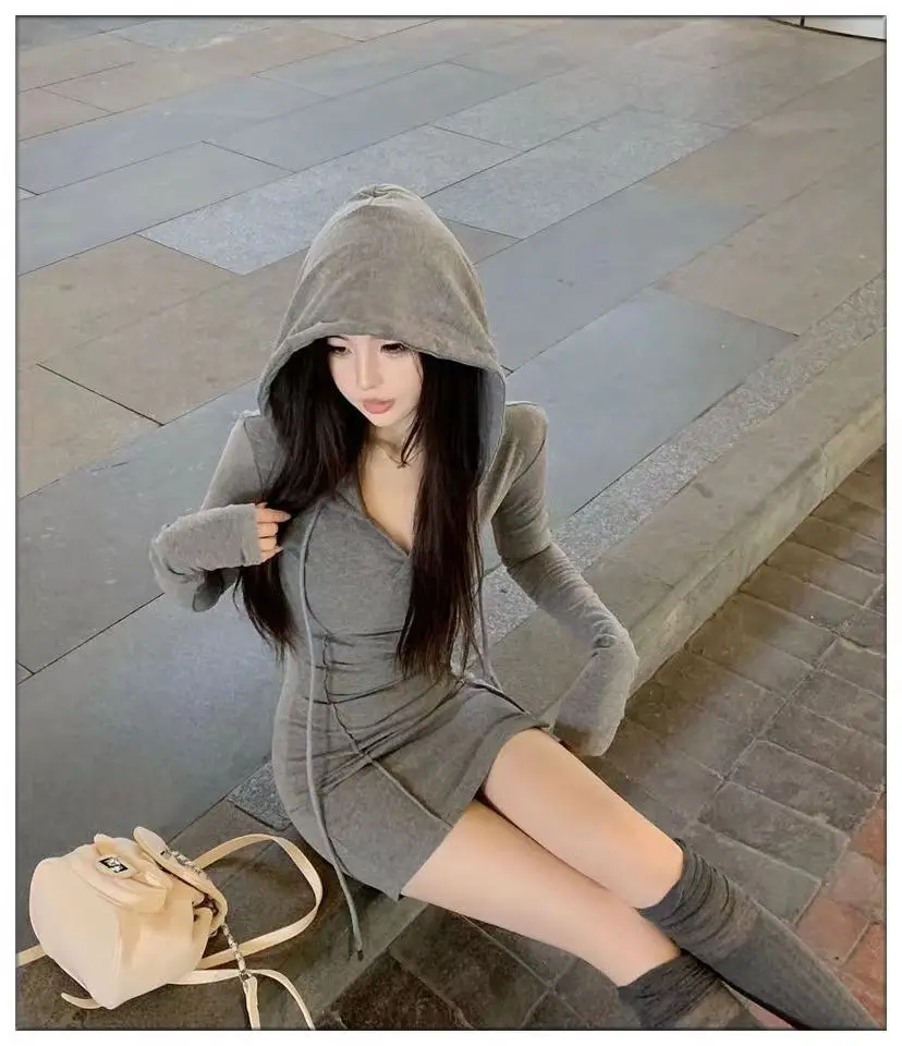 Sexy Monochrome Hooded Dress for Women, Close-fitting, Long Sleeve, V Neck, Wrapped Mini Dress, Streetwear, Autumn and Winter