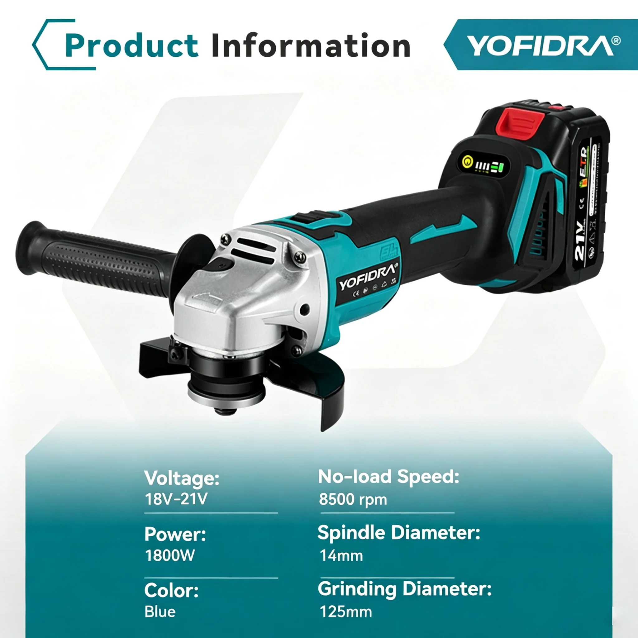YOFIDRA 4 Gears Brushless Angle Grinder 125mm Cordless Cutting Polishing Cutting Machine Power Tool For Makita Battery Pin