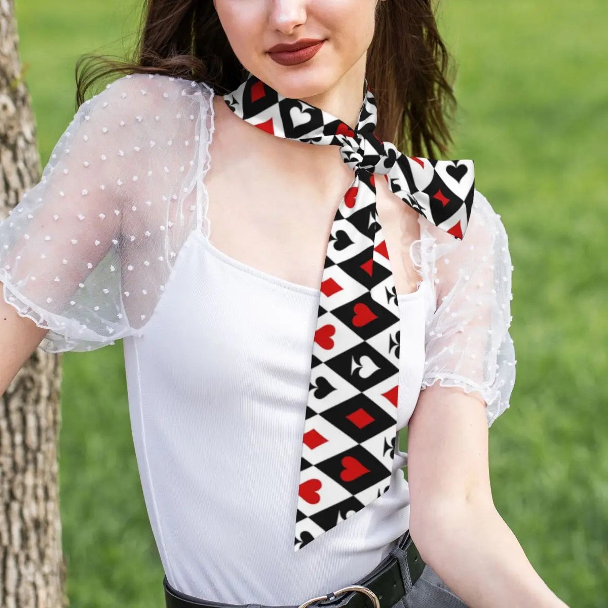 Playing Cards Suit Symbols Women Long Narrow Scarf Silky Skinny Scarf Multi-use Neck Head Wrap for Office Daily Party