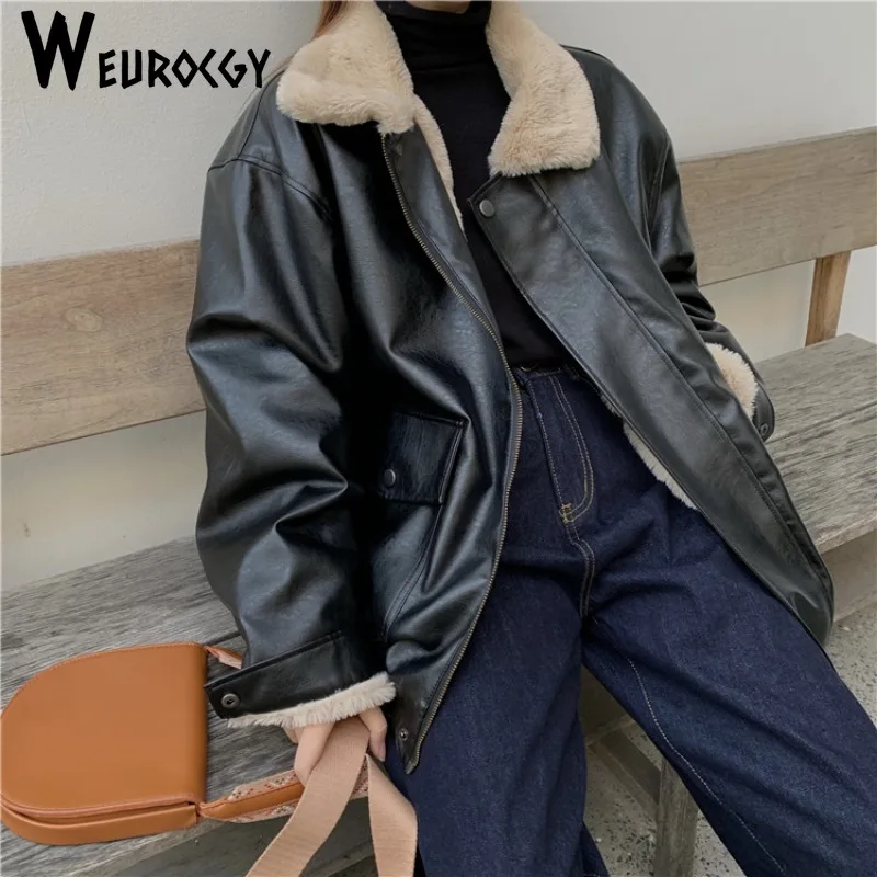 2024 New Style Winter Fleece Leather Jacket Women Streetwear Zipper Leather Jacket Casual Vintage Loose Thick Leather Coat