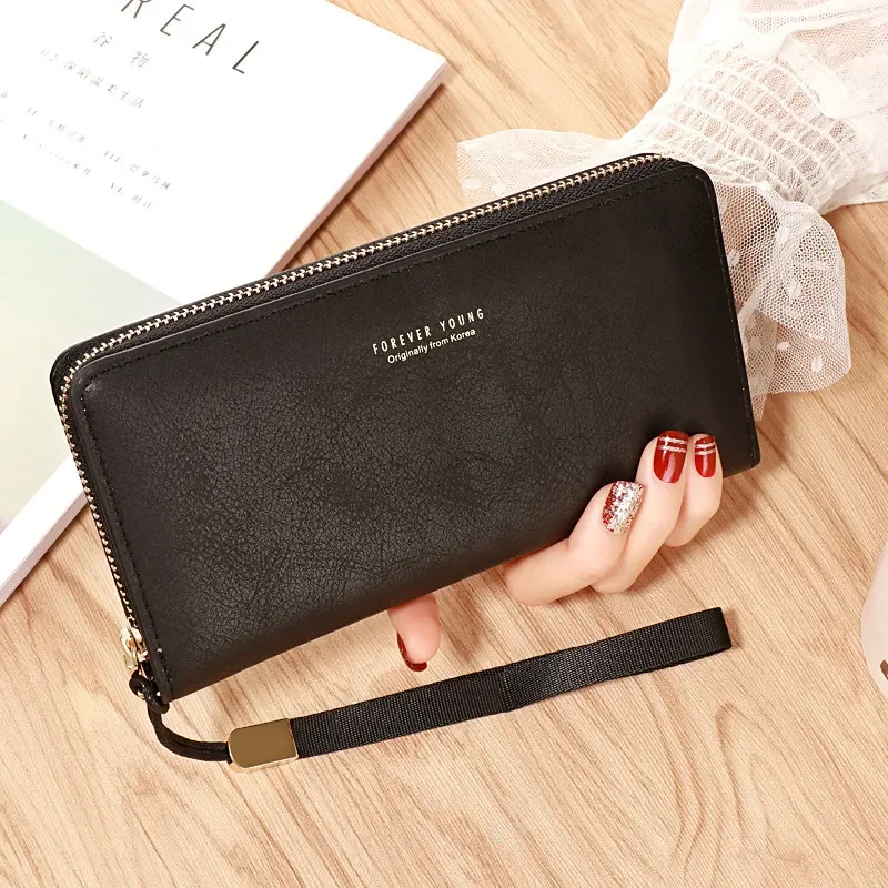 Forever Young Wallet Women Long PU Standard Wallets  New Retro Female Smooth Zipper Purse Lady Wrist Bag Card Pockets