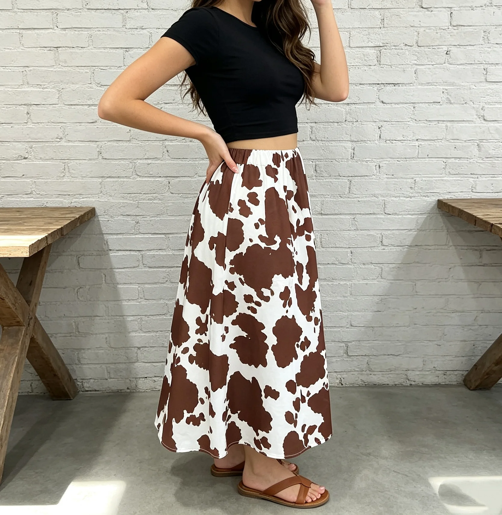 High Waist A-Line Cow Print Long Skirt for Women, Brown White Pattern, Casual Commute Versatile Skirt