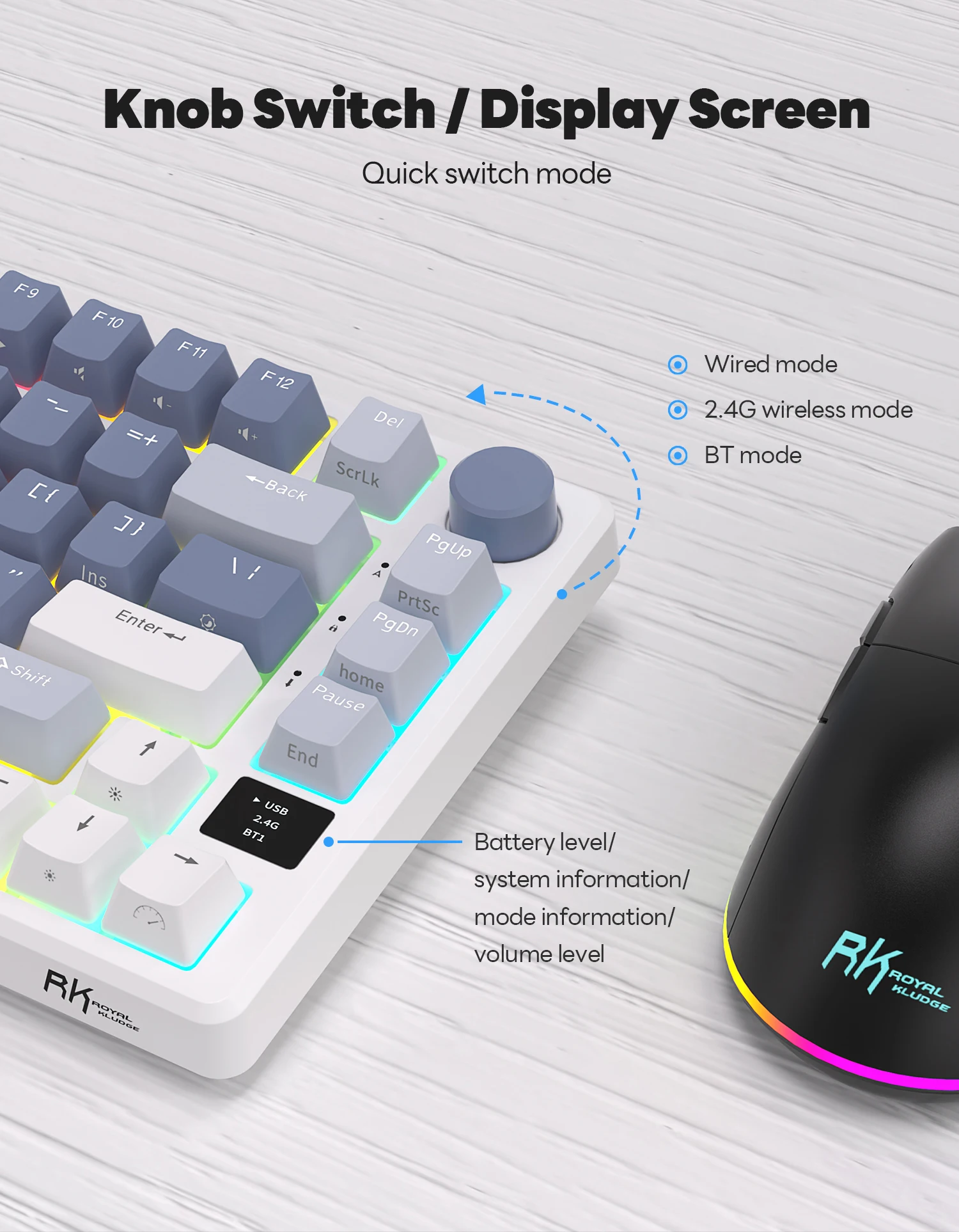 RK ROYAL KLUDGE Teclado Mecânico Sem Fio, Bluetooth, USB-C, RGB, Hot-Swappable Junta Gamer com Tela, 2.4G, 81 Chaves