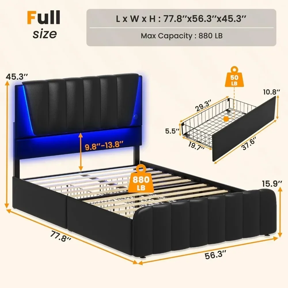 Marco de cama LED de tamaño completo con cabecero, 4 cajones de almacenamiento, puertos USB, soporte de listones de madera, No se necesita resorte