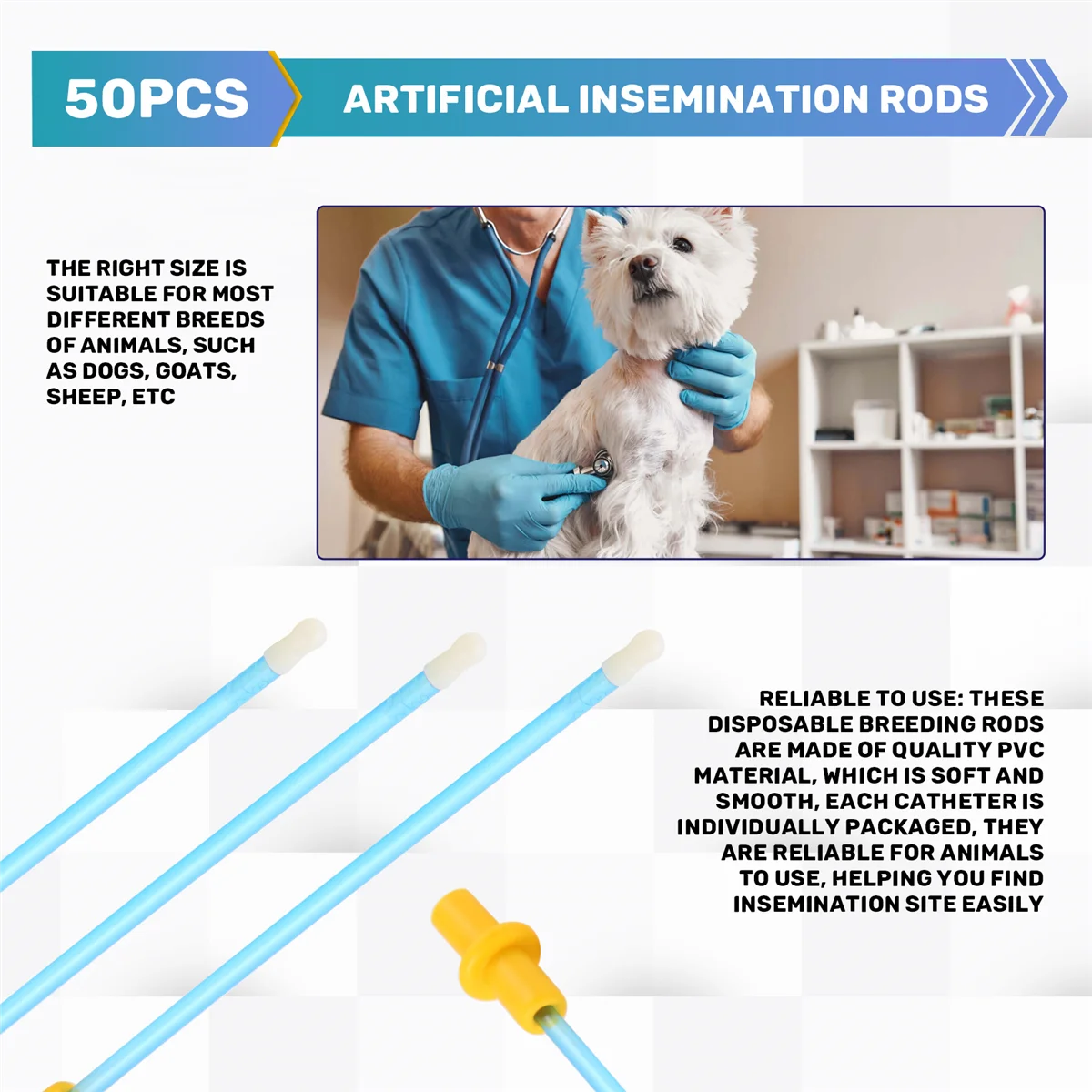 B59A50 Pieces Disposable Artificial Insemination Rods Disposable Breeding Rod Tube Flexible Breeding Catheter Tube for Dog