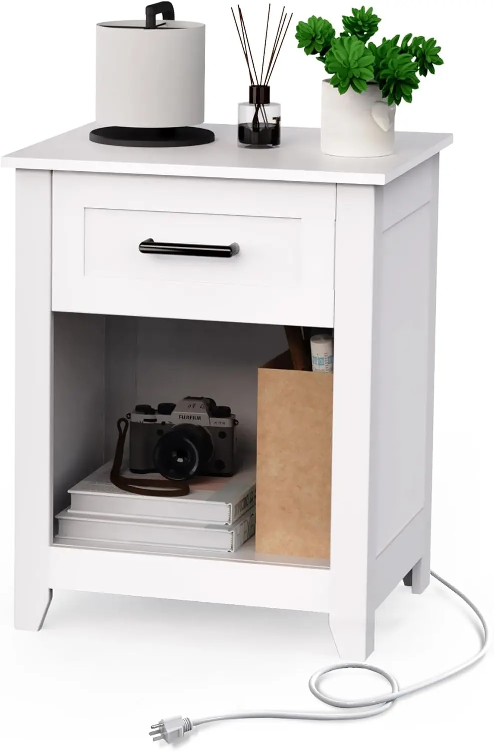 

White Nightstand with Charging Station, Wood Nightstands with 2 USB Ports and Power Outlets, Large Storage Drawer and Open Shelf