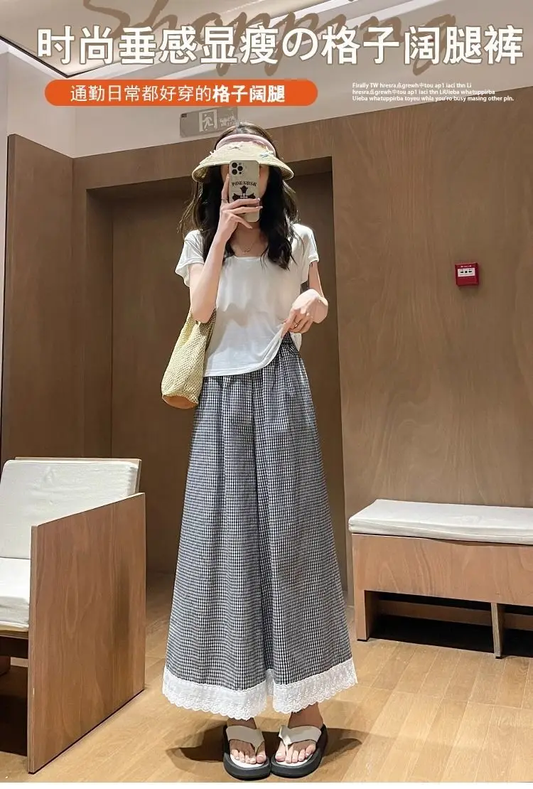 Gonna pantaloni a gamba larga con bordi in pizzo a quadretti in seta ghiacciata per donna, culotte estiva sottile e drappeggiata a gamba dritta corta taglie forti