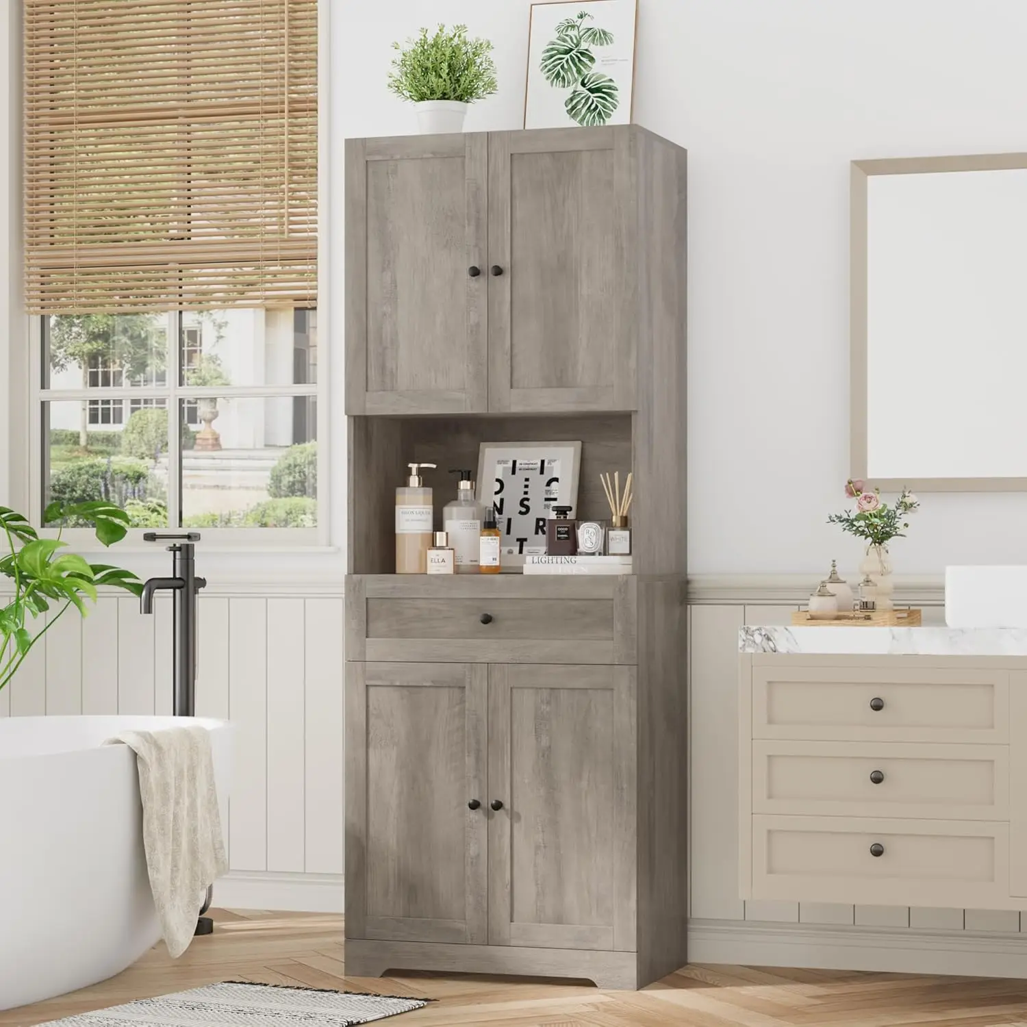 

Storage Cabinets with 4 Doors & Shelves & Drawer, Modern Farmhouse Linen Cabinet,67” Tall Storage Cabinet Freestanding Furniture