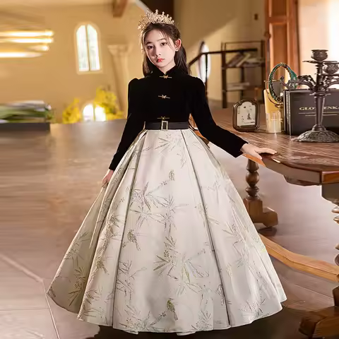 New Chinese Style Girls' Velvet Evening Dress Spring and Autumn French Style Children's Birthday Princess Dress Host Piano Perfo