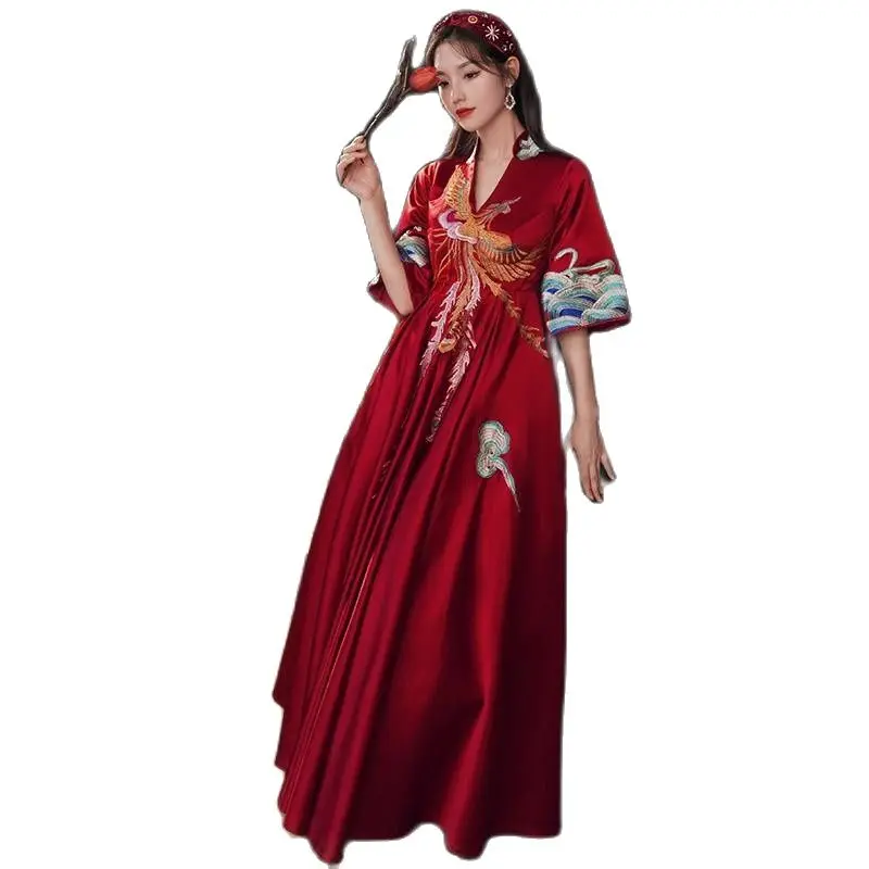 

Red Cheongsam Brocade Embroidered Robe Summer Chinese Oriental Qipao Long Tang Suit Hanfu Dress Women Wedding Costume