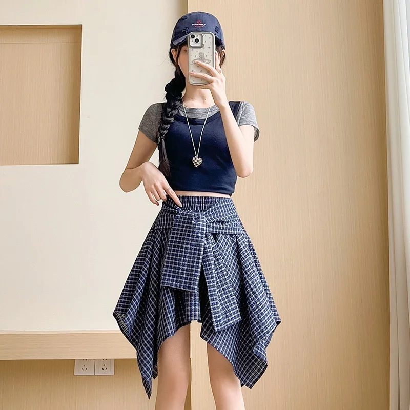 TFETTERS Women Plaid Irregular Skirt Summer High Waist Fake Wrap Checkered Skirt Asymmetrical Hem Casual Y2k Short Skirt