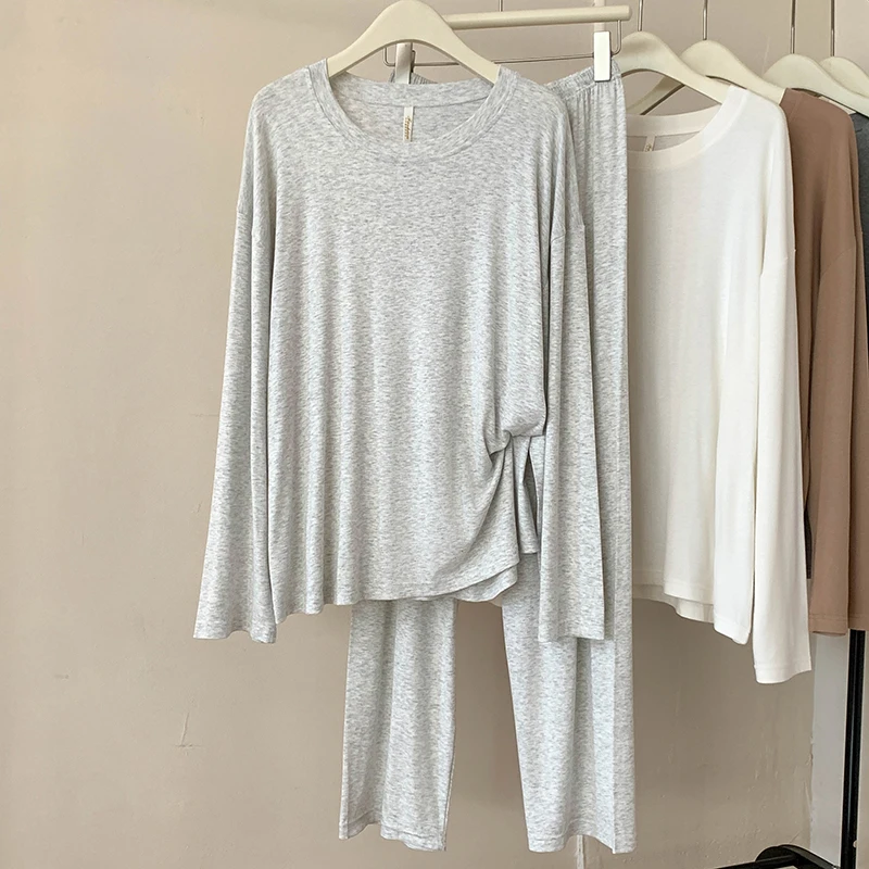 5117 مشروط منامة المرأة الربيع والخريف جديد عادية عادية بلون الجولة الرقبة طويلة الأكمام منقوشة تنفس Homewear مجموعة