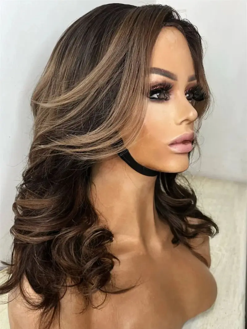 Glueless Hairline 13x4 Free Part Ombre Brown Highlights Synthetic Lace Front Wig Middle Part Short Wave Bob Small Large Size Cap